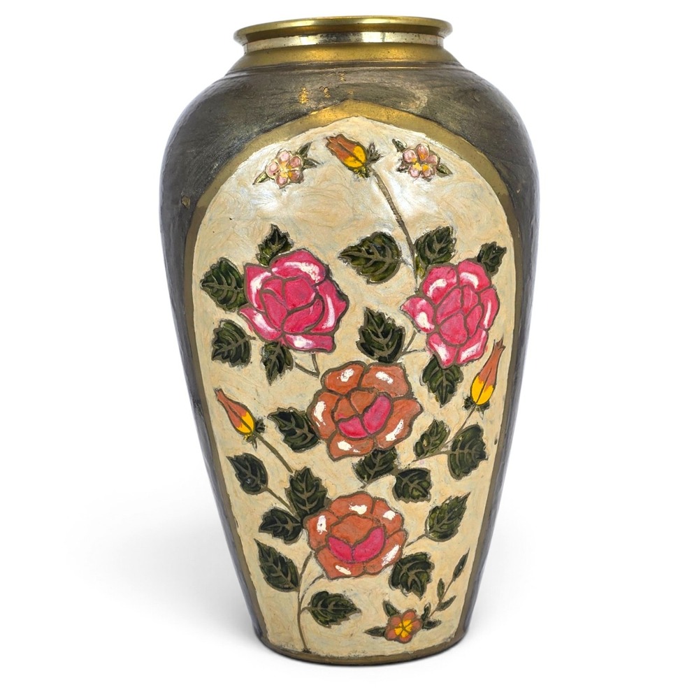Vintage India Brass Vase Hand Painted Embossed Roses Floral Black Gold 9.25in